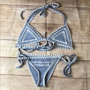 Triangle Tie-Side Blue Crochet Trim Bikini